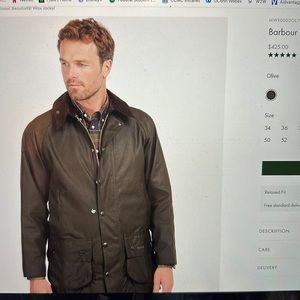 Barbour Classic Beaufort Wax Jacket Olive Size 38 + matching hood/vest insert
